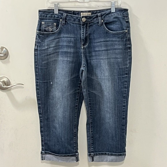 Earl JeansWomens Embroidered Stretch Denim Cropped Pants Flap Pockets Size 10 - Picture 2 of 12